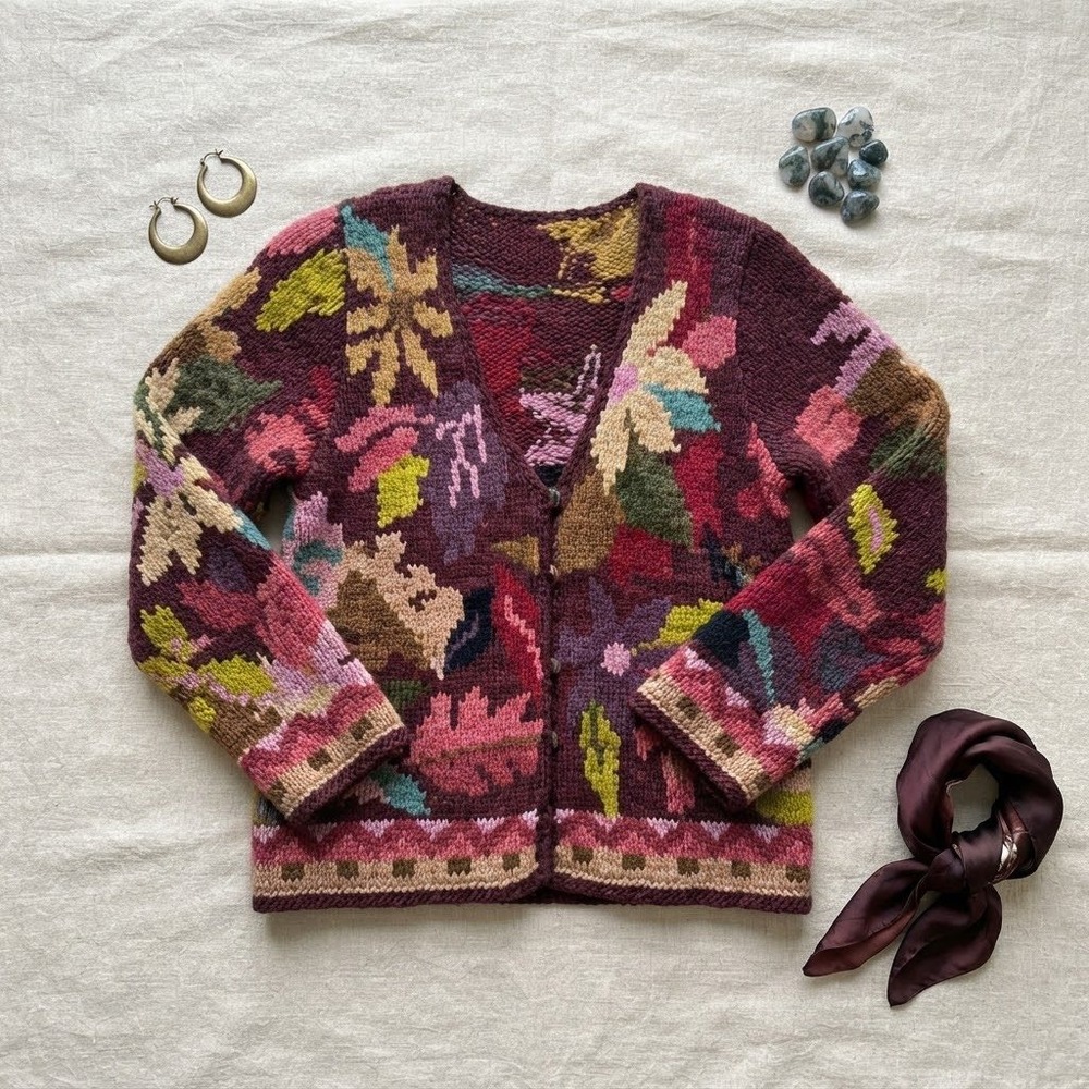Hand Knit Cardigan Women S Burgundy Floral Wool Blend Boho Cottagecore